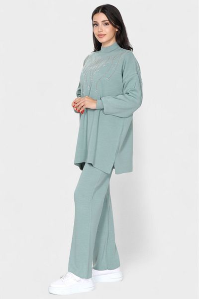 NEWCO Stylish Stone Embroidered Oversize Knitwear Tunic and Wide Leg Pants Combination Half Turtleneck Two-Piece Suit