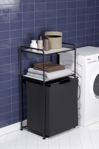 Teknotel 2 Katlı Çamaşır Sepeti Kirli Sepeti Beyaz Raflı Banyo Dolabı Düzenleyici Organizer MAT SİYAH MG100