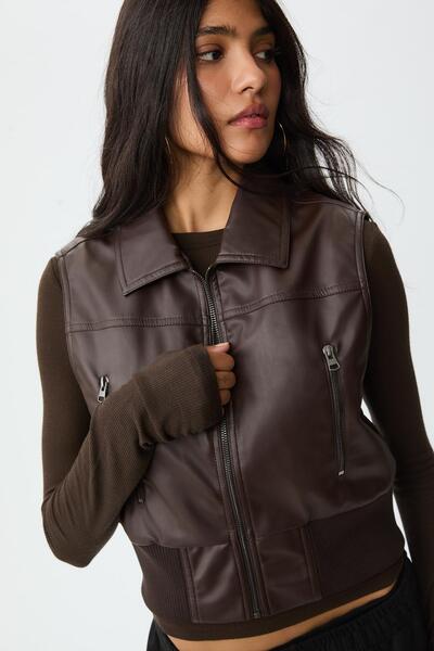 Stradivarius Leather effect waistcoat with zips