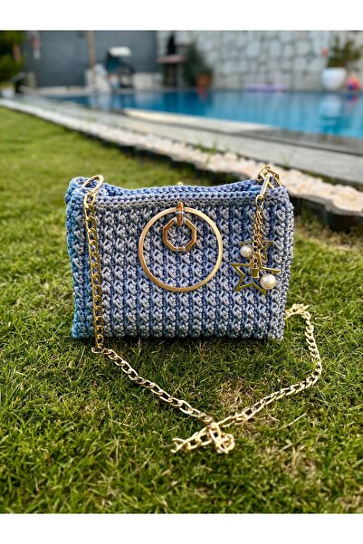 Deryanın Dünyasıı Mavi El Örgü Çanta Gold Detaylı Çanta Hasır El Örgü Çantası