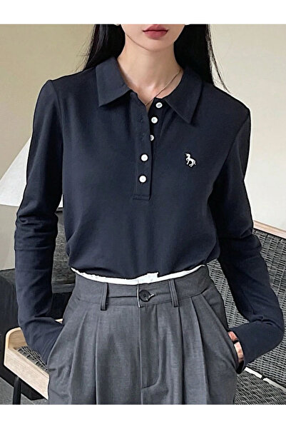 Bravebell Tricou cu mânecă lungă cu guler polo brodat bleumarin