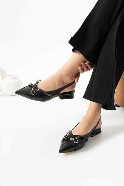 TubiBella Black Colored Square Heeled Stiletto with Buckle and Cross Strap Detail