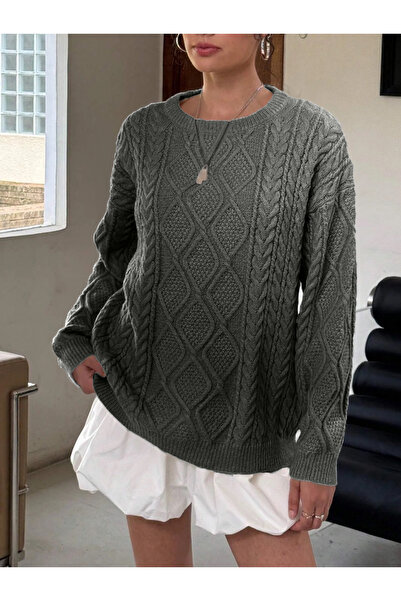 AQE FASHION Women's Comfortable Fit Hair Knitted Patterned Crew Neck Casual Winter Anthracite Knitwear Sweater