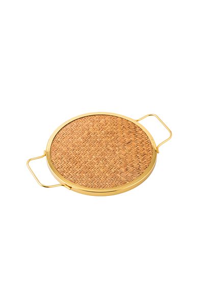 Dania Wooden tray with straw decor, metal frame and beautiful golden handles, 30 cm in size
