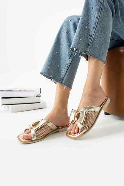 TubiBella Bow Detailed Mesh Patterned Gold Colored Slippers