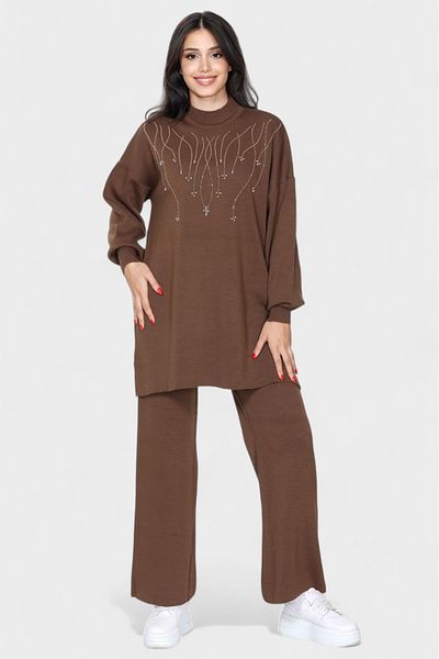 NEWCO Stylish Stone Embroidered Oversize Knitwear Tunic and Wide Leg Pants Combination Half Turtleneck Two-Piece Suit