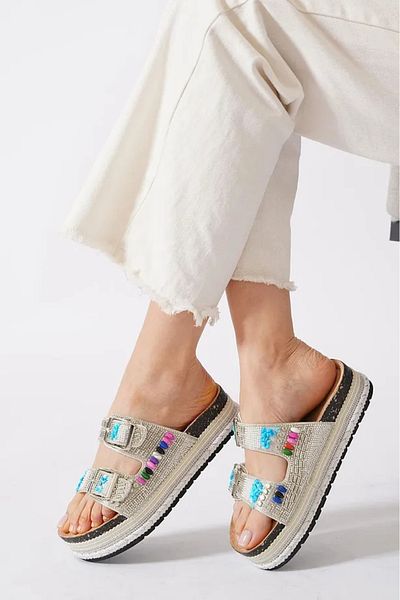 TubiBella Double Buckle Detailed Stone Patterned Silver Colored Slippers