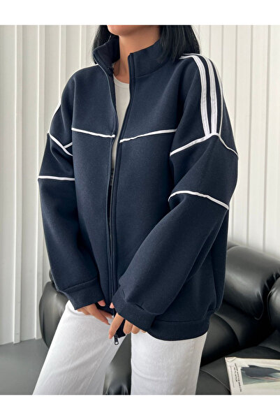 Bravebell Unisex Zip Detail Vintage Oversize Kalın Kumaş Lacivert Hırka (3 ip...