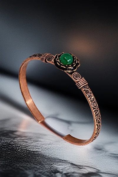 OSMANLI GÜMÜŞ Women's Copper Bracelet Ring Set - Green Agate Stone Tree Bark Model Thin Metal Box Quartz Stone