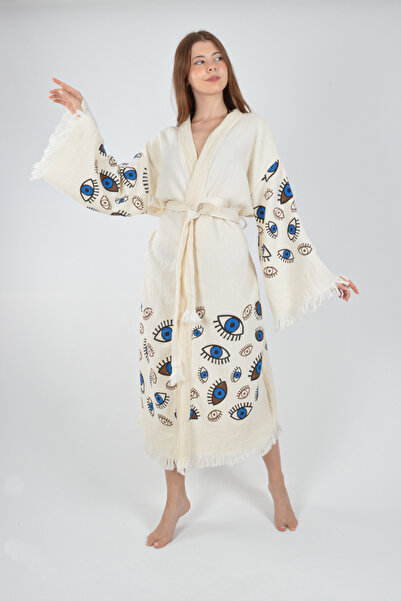 REİNA TEKS Кімоно-кафтан з бавовняним принтом і поясом, 1 шт., унісекс, муслінова тканина, пештемаль, халат