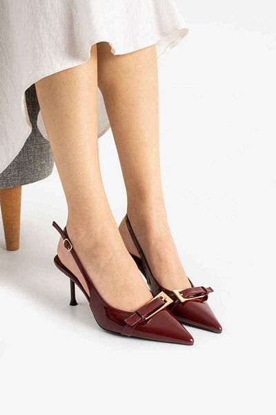 TubiBella Buckle Detailed Leopard Patterned Burgundy Colored Patent Leather Stiletto