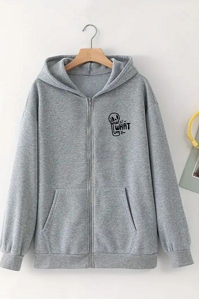CLAYES Unisex Gray Hooded Zippered Cardigan – What Printed, Thick Fabric with Hood