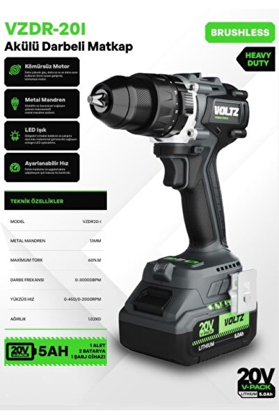 Voltz VZDR-20I Akülü Darbeli Matkap - 60NM - Kömürsüz - Ağır Hizmet - 13 mm M...