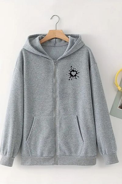 CLAYES Unisex Gray Hooded Zippered Cardigan – Mini Drop Heart Printed, Thick Fabric with Hood