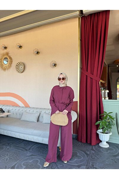 Mimoza Butik مجموعة تفاصيل حزام من قماش المودال باللون الأحمر الداكن