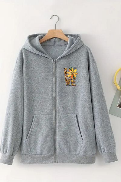 CLAYES Unisex Gray Hooded Zippered Cardigan – Love Flower Printed, Thick Fabric with Hood