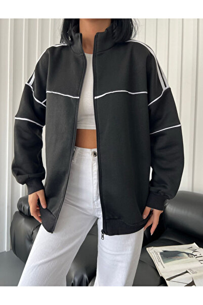 Bravebell Cardigan negru unisex cu detaliu cu fermoar, vintage, oversize, din...