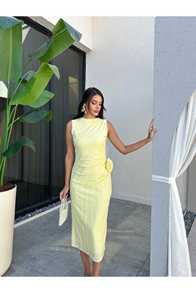 ESRAHELVACI Sıfır Kol Bel Büzgülü Midi Elbise