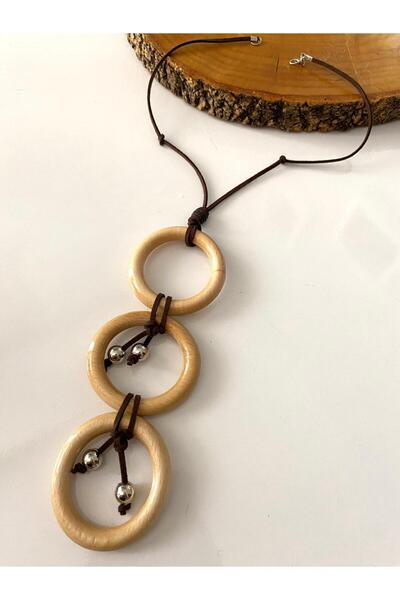 canan dizayn Bohemian Authentic Three Wooden Ring Suede Thread Dark Brown Necklace