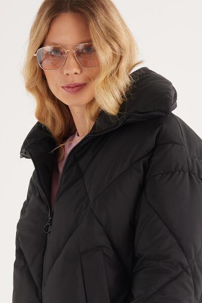Tudors Women's Oversize Wide Cut Puffer Stand Collar Black Coat
