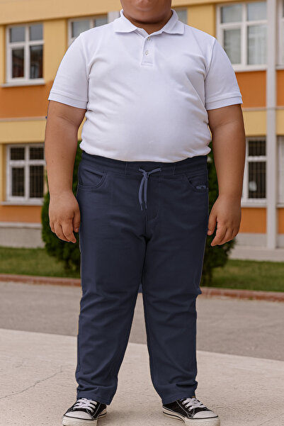 nacar çarşı Erkek Çocuk Kanvars Okul Pantolonu Tombiş Beden Lacivert Renk Ribana Bel Bağcıklı Rahat Kesim