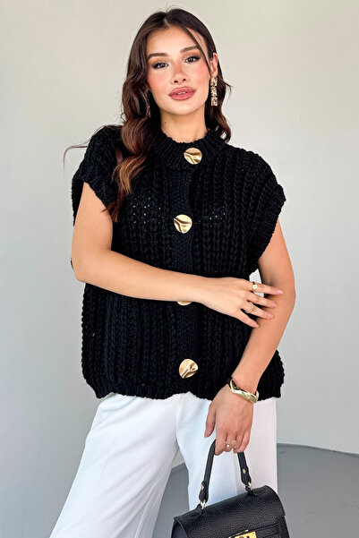 Cappmoda Trk-05311 Black Thick Knitted Pocket Button Detailed Knitwear Vest
