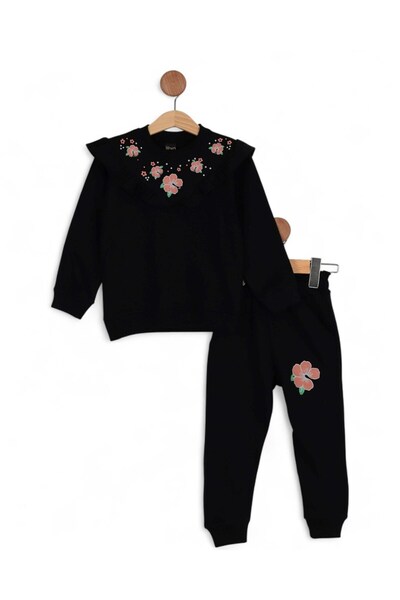 VOY KİDS Girls' Floral Printed 6-7-8-9-10 Years Old Top and Bottom Tracksuit Set / Tracksuit Bottom and Sweatshirt