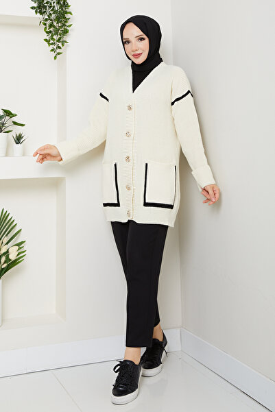 Pamuk Butik Γυναικεία ριγέ λεπτομερή τσέπη Σαλανίκα πλεκτή ζακέτα casual πλεκτό