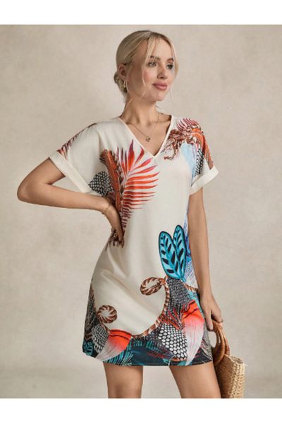 Kokosh moda Women's Short Sleeve V Neck Patterned Mini Atlas Dress