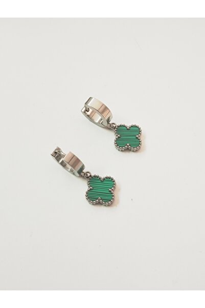 EKE BUTİK Çelik Yonca Yeşil Gümüş Renk Küpe