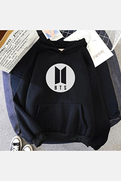 Harajuku Style Hanorac negru cu logo Bts