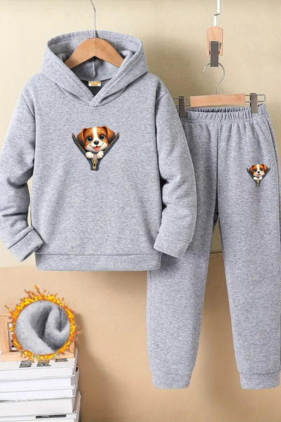 CLAYES Children's Gray Hooded Tracksuit Set Hooded Fabric Winter Set of Two - Zipper Dog Printed