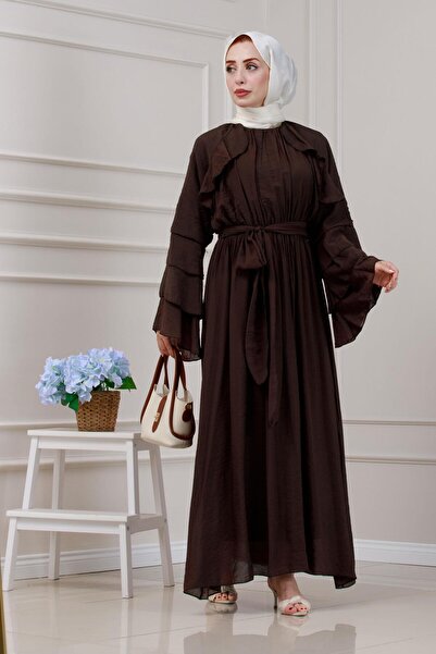 Sevitli Lora Dress with Ruffle Detail-Brown