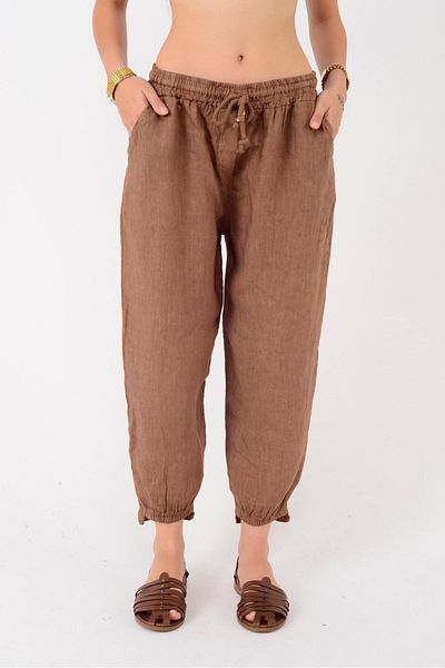 Park Moda 20836 Carrot Linen Pants with Rubber Detail