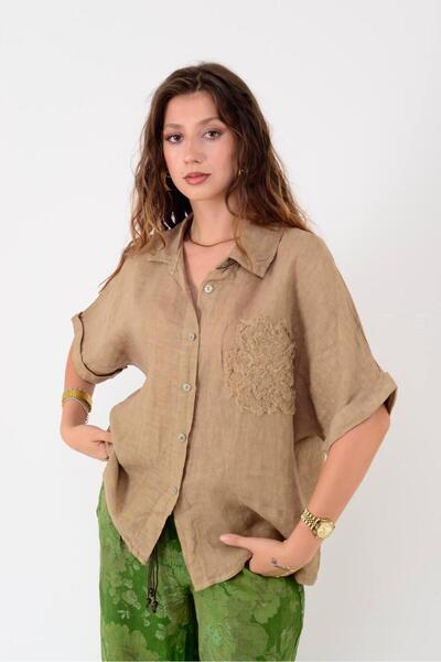 Park Moda 20341 Cămașă de in cu mânecă scurtă cu detaliu de flori în relief