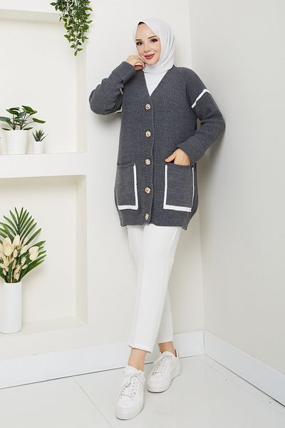 Pamuk Butik Women's Stripe Detailed Pocketed Thessaloniki Knitted Casual Sweater Cardigan
