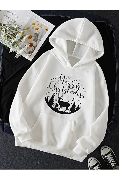 Harajuku Style Бяла коледна шапка с качулка с еленче