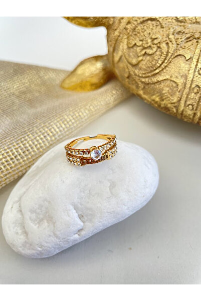 Casa D or Jewelry Çift Halka Tekli Zirkon Taşlı Gold Renk 316L Çelik Yüzük