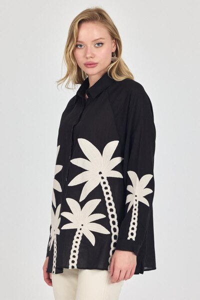 auzou eveil Women's Palm Print Linen Shirt