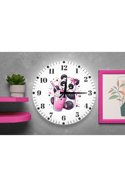 M&H Quality Pink Panda Design Silent Wall Clock for Girls' Room