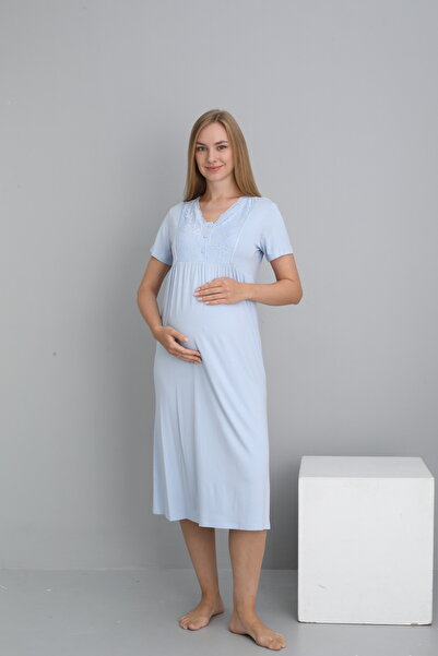 Miss Dünya Lissa Bebe Mavisi Dantel Detaylı Sabahlıklı Emzirmeye Uygun Hamile ve Lohusa Pijama Takımı