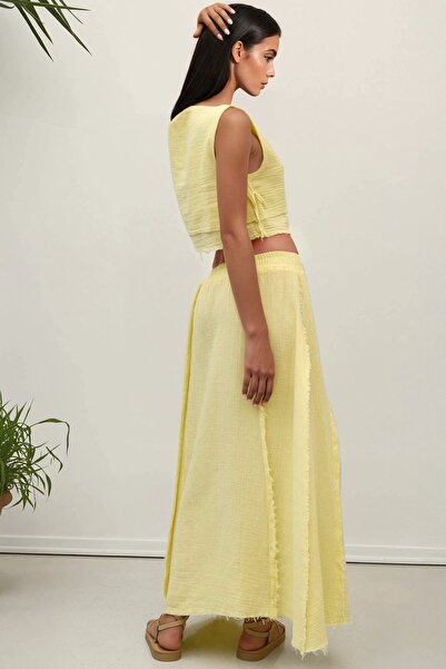 Hiccup Elastic Waist Skirt-Side Tie Detailed Blouse Muslin Suit