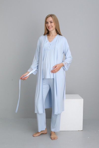 Miss Dünya Lissa Baby Blue Lace Detailed Maternity and Maternity Pajama Set Suitable for Breastfeeding