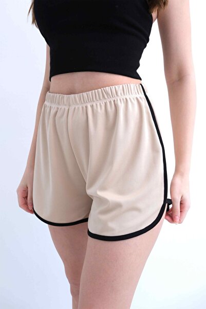 Behind Look Γυναικείο σορτς αθλητικό μπεζ από ύφασμα κατάδυσης με ελαστική μέση