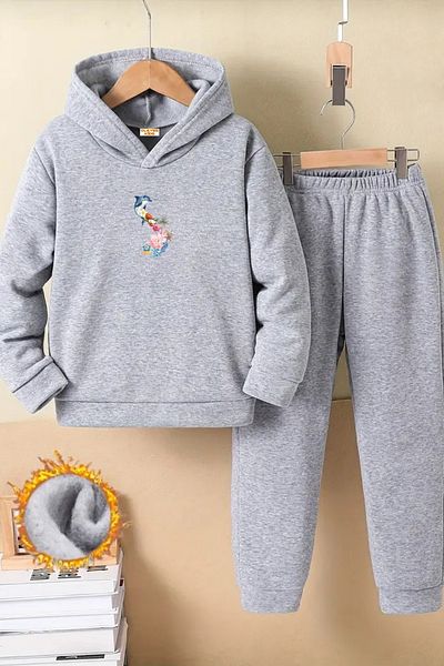 CLAYES Children's Gray Hooded Tracksuit Set Hooded Fabric Winter Set of Two - Floral Dolphin Printed