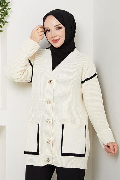 Pamuk Butik Women's Stripe Detailed Pocketed Thessaloniki Knitted Casual Sweater Cardigan
