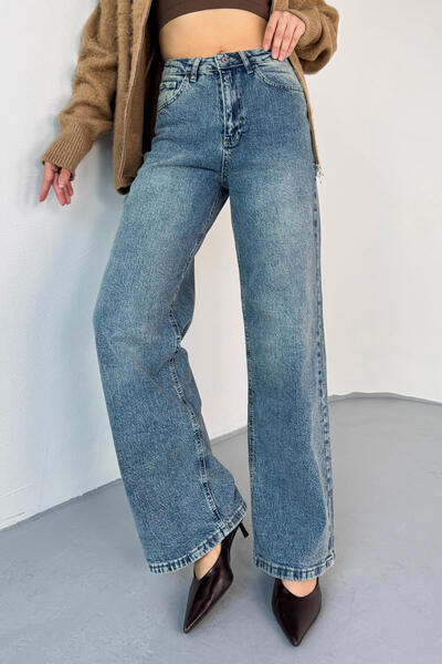 Cappmoda Jean-08134 Dark Blue Wide Leg Stone Jean