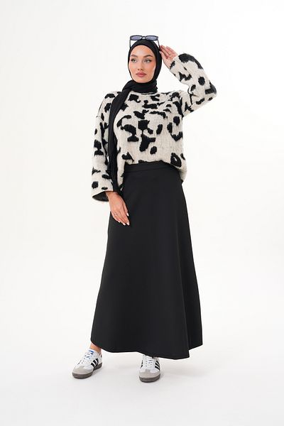 sozan Puff Scuba Black Women's Flared Skirt with Elastic Waist