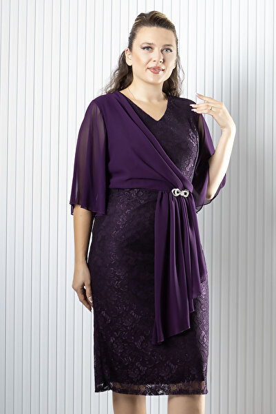 SUBU TASARIM Plus Size Evening Dress with Stone Accessory Detail Chiffon Lace Skirt Mdv390