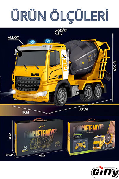 giffy Oyuncak Uzaktan Kumandalı Full Fonksiyon Metal Şarjlı Sesli Işıklı İş Makinesi Beton Mikseri